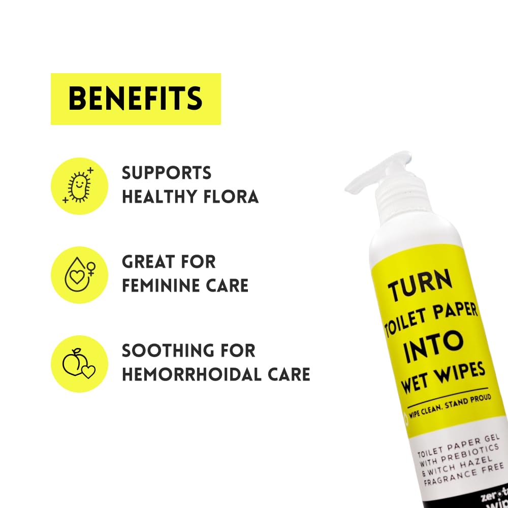 zerotaboos Wipegel | Witch Hazel Cleansing Gel with Prebiotics | Turns Toilet Paper into Gentle, Flushable Wipes | For Sensitive Skin & Daily Freshness | Up to 400 Uses | Fragrance-Free & Septic Safe