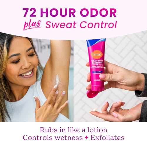 Lume Whole Body Deodorant Plus Sweat Control - Smooth Cream Tube - 72 Hour Odor And Sweat Control - Baking Soda Free, Skin Loving - 3.0 ounce (Pack of 2) (Soft Powder)