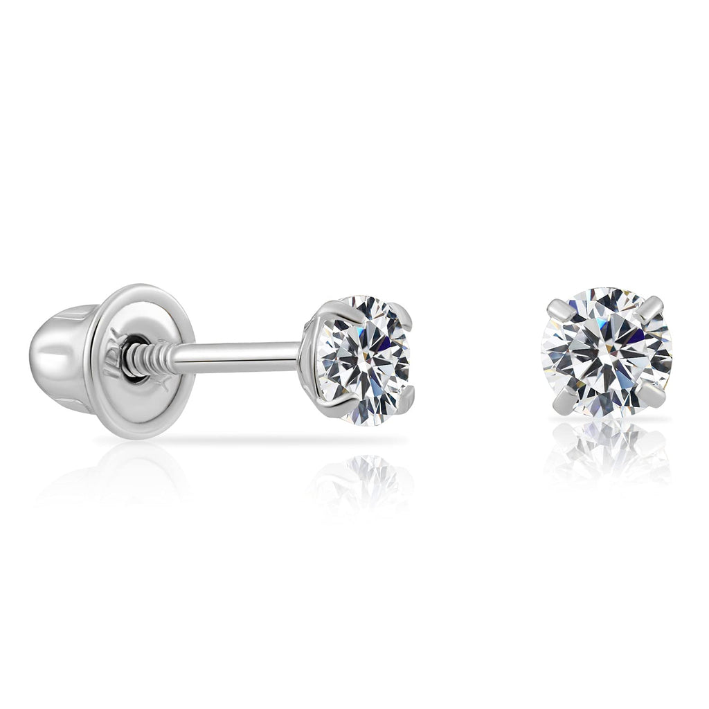 14k White Gold Solitaire Round Cubic Zirconia Stud Earrings Screw-back 3mm