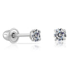 14k White Gold Solitaire Round Cubic Zirconia Stud Earrings Screw-back 3mm