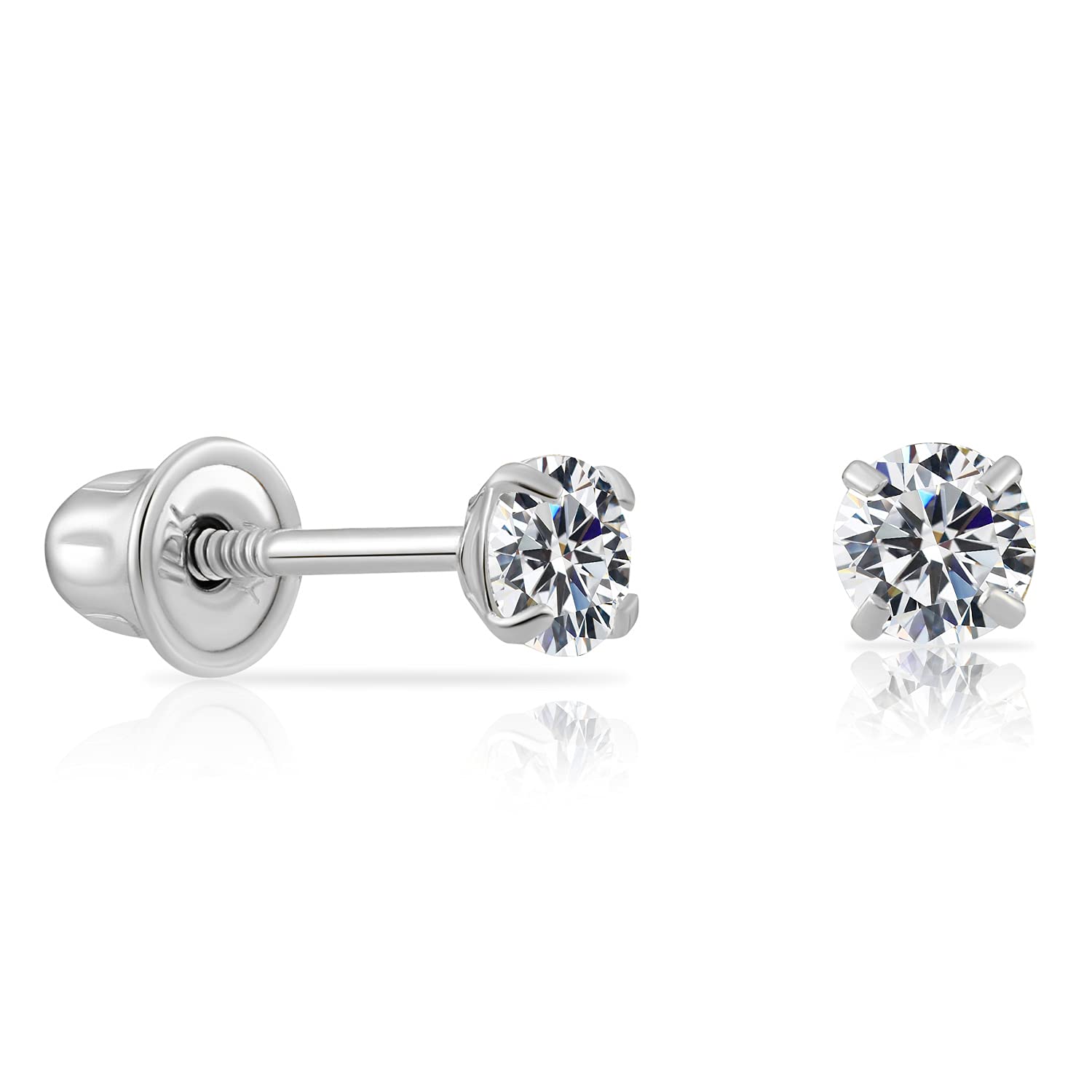 14k White Gold Solitaire Round Cubic Zirconia Stud Earrings Screw-back 3mm