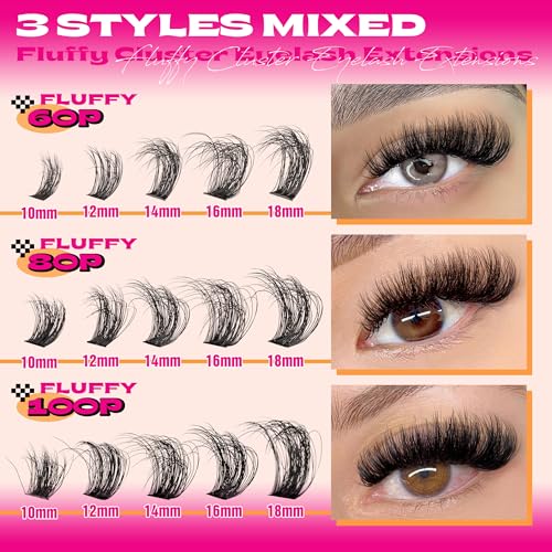 DIY Lash Extension Kit Fluffy Lash Clusters Kit 300PCS Eyelash Clusters with Bond and Seal Glue Thick 60D+80D+100D Cluster Eyelash Extensions Kit D Curl Volume Individual Lashes Kit at Home by Eefofnn