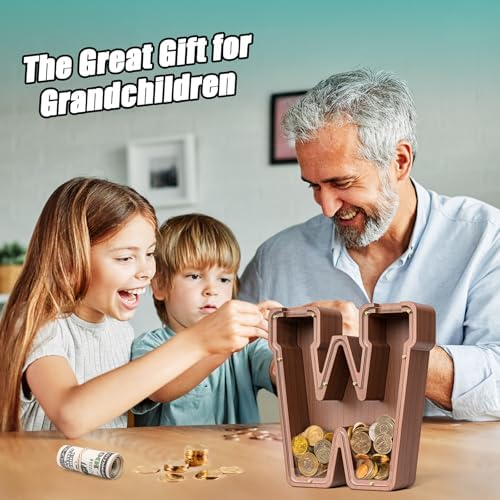 Summidate Wooden Letter Piggy Bank, Extra Thick Large Capacity Piggy Bank for Kids Boys Girls Toddler, Alphabet W Money Bank| Coin Box Birthday, Christmas, Festival