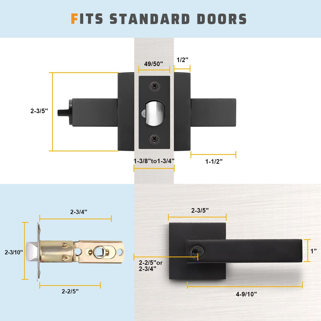 KNOBWELL 6 Pack Entry Door Leverset Matte Black, Exterior Door Handles for Front/Gate Doors, Right/Left Door Handles with Key and Lock(Not Same Key)