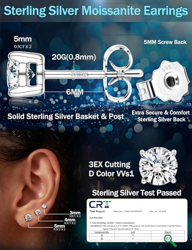 Moissanite Stud Earrings 3 Pairs 18K White Gold Sterling Silver Moissanite Diamond Men's Flat Back Stud Earrings Cartilage Helix Piercing D Color Lab Created Moissanite Earrings