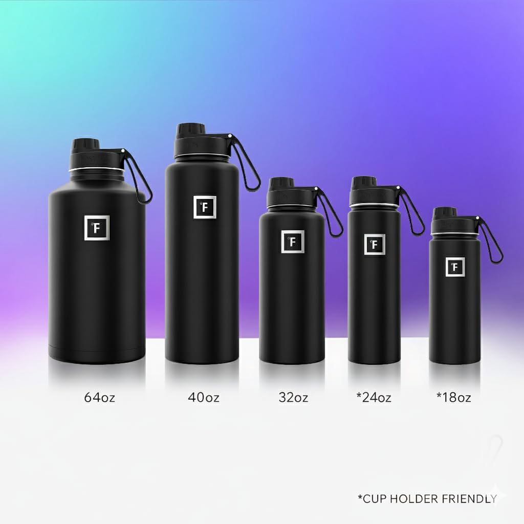 IRON °FLASK Camping & Hiking Hydration Flask with Spout, Wide Mouth Insulated Stainless Steel Sports Water Bottle - 22 oz Black Marquina