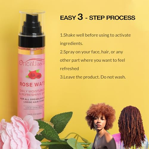 Moisturizing Refreshing Spray for Locs - Rose Water and Peppermint Hair Scalp Moisturizer Natural Loc Care and Maintenance (Rose, 3.4 Fl oz)