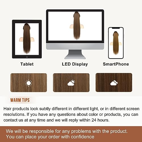 FLUFYMOOZ ponytail extension, 26 Inch Long Straight Drawstring Ponytail Synthetic Hairpieces Fake Pony Tails Natural Soft Clip in Hair Extension ponytail for Women (Medium Brown with Medium Auburn)