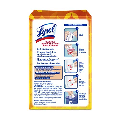 Lysol Click Gel Automatic Toilet Bowl Cleaner, Gel Toilet Bowl Cleaner, For Cleaning and Refreshing – Mango & Hibiscus, 6 applicators (Pack of 4, 24 Count Total)