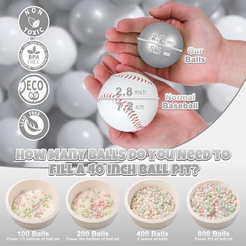 GOGOSO Ball Pit Balls for Toddler, Baby Plastic Playballs Kids Soft Pastel Pelotas Non-Toxic BPA-Free Gray+Pearl Gary+ White, 200 Balls