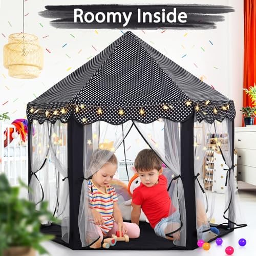 Monobeach Princess Tent Girls Black Large Playhouse Kids Castle Play Tent with Star Lights Gift Toy for Children Indoor and Outdoor Games