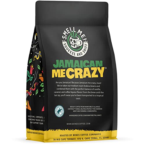Bones Coffee Company Jamaican Me Crazy Flavored Coffee Beans, Medium Roast Ground Coffee Low Acid, Coffee Liqueur Flavor (12 oz)