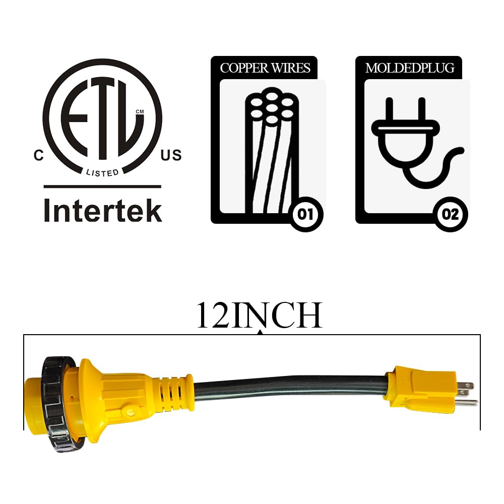 RV 30 Amp to 110 Adapter Power Cord 12 Inch-NEMA 5-15P to L5-30R 15 Amp to 30 Amp Male to Female RV Electrical Adapter with Twist Lock,Plug in 30amp RV/Camper into A 15 Amp Electrical Outlet,15A/125V