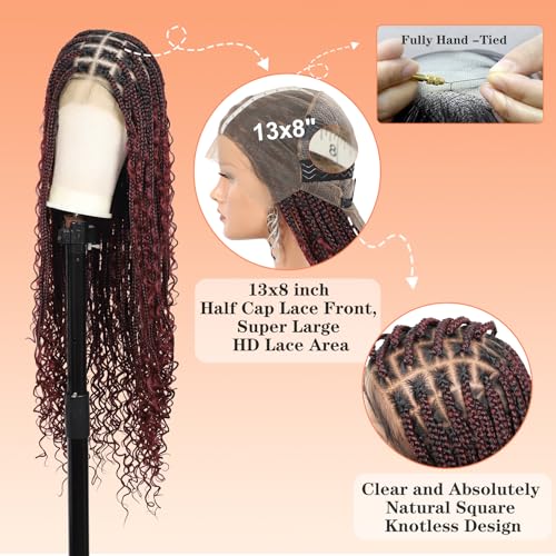 Brinbea 13x8 HD Lace Front Braided Wigs Box Braid Wig with Baby Hair Knotless Boho Braided Wigs for Women Long Burgundy Human Hair Blended Braids Wig 36 Inch