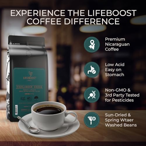 Lifeboost Highlander Grogg Coffee Ground - Low Acid Single Origin USDA Organic Coffee - Non-GMO Highlander Grogg Ground Coffee Third Party Tested For Mycotoxins & Pesticides - 12 Ounces