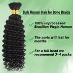 Human Braiding Hair 2 Bundles 100g 24 Inch Deep Wave Bulk Human Hair for Braiding No Weft Curly Braiding Hair Bulk Curly Human Hair for Boho Braids 12A Brazilian Virgin Hair Extensions Natural Color