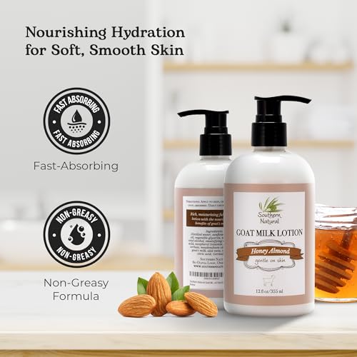 Southern Natural Goat Milk Lotion (12 oz) Face and Body Moisturizer For Dry Skin - Moisturizing Skincare and Hand Cream - Honey Almond Scent
