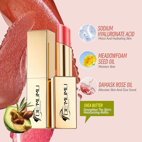 DE'MUMU Red Pink Lipstick Moisturizing for Women Shimmer Tinted Lip Balm Hydrating Nourishing Rasberry Lip Gloss Vegan& Cruelty Free Lip Makeup, ZG116 Crystal