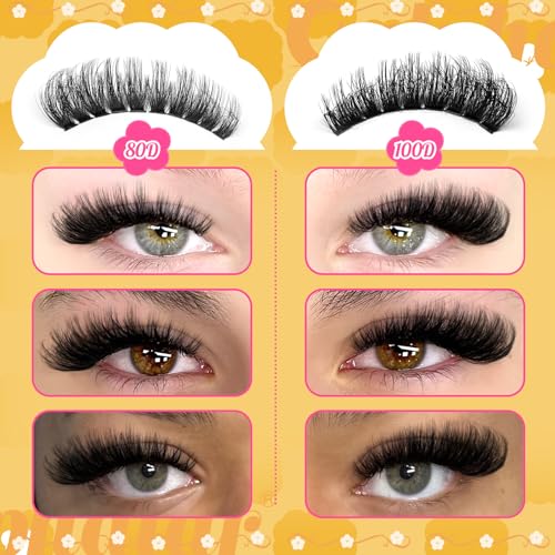 Fluffy Cat Eye Individual Lashes 80D+100D Volume Cluster Eyelash Extensions D Curl Lash Clusters 10-18mm Eyelash Clusters 380pcs Light & Right Cluster Lashes Thick Lash Extension Easier to Use
