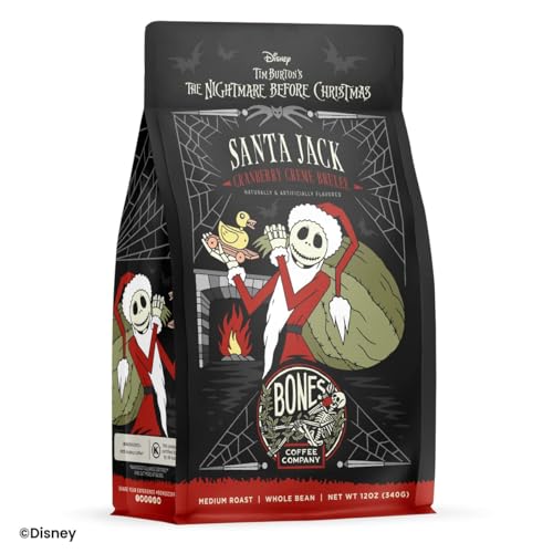 Bones Coffee Company The Nightmare Before Christmas Santa Jack Flavored Coffee Beans, Medium Roast Ground Coffee Low Acid, Cranberry Creme Brulee Flavor (12 oz)