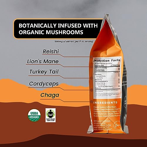 Peak State Coffee with Benefits - Mushroom Coffee Organic Coffee Beans - IMMUNITY BOOST Medium Roast - Low Acid Coffee - Mold Free, Vegan, Paleo, Dairy & Gluten-Free (2 x 12 oz Bags, Whole Bean - $1.14/cup)