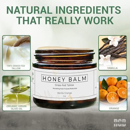 Tallow and Honey Balm, Handmade, Organic Body Butter, Grass-Fed Beef Tallow for Skin, All-Natural Moisturizer - 2 oz (Vanilla Orange)