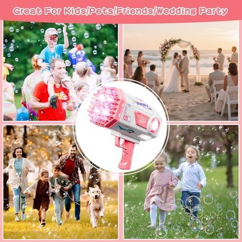 BOMOCO Bubble Gun, 125 Holes Bubble Machine Bubbles for Kids Age 3-12, Bubble Blaster Gun with Bubble Solution Summer Outdoor Bubble Toys Birthday Wedding Party Favors Bubble Maker Blower,Pink