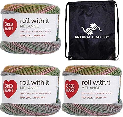 Red Heart Roll with It Melange Green Room E890-0635 (3-Skeins - Same Dye Lot) Worsted Medium #4 Acrylic Yarn for Crocheting and Knitting with Project Bag