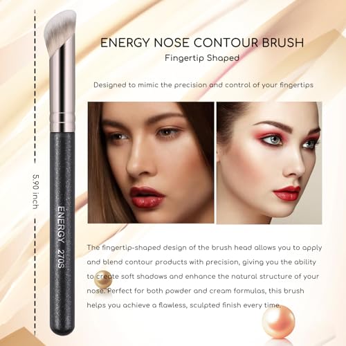 ENERGY Angled Makeup Brushes Set Vegan Powder Foundation Bronzer Nose Contour Concealer Makeup Brush for Liquid Cream Setting Powders Blending with Travel Bag