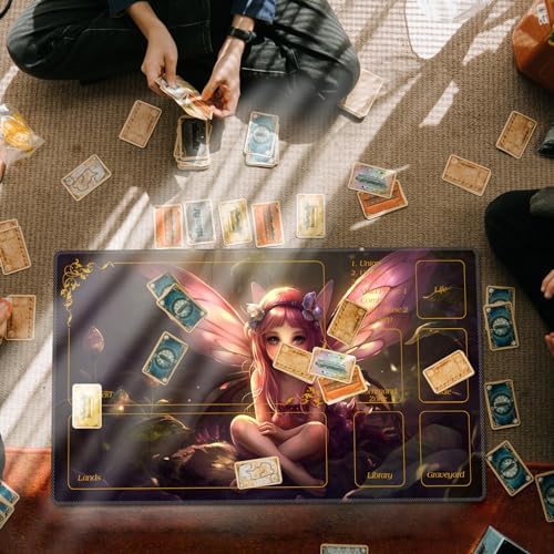 DEGDFSGR for MTG Playmat with Zones 24 x 14 inches for TCG Playmats Non-Slip Rubber Base Commander Play Mat for Magic The Gathering Playmat Iorcana Trading Card Game, Pink Fairy Sitting Flower Meadow