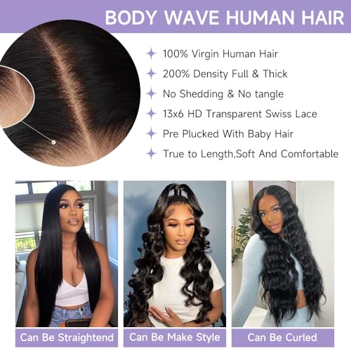 Body Wave Lace Front Wigs Human Hair Pre Plucked With Bleached Knots 200 Density HD Lace Frontal Human Hair Wig 13x6 Transparent Lace Front Wigs Human Hair With Baby Hair 28 Inch