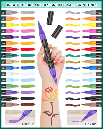 Temporary Tattoo Markers for Skin | Dual-End 16-Count Body Markers + 77 Large Tattoo Stencils | Temporary tattoos for Adults and Kids | Flexible Brush Tip, Bright colors, Skin-Safe*, Cosmetic-Grade