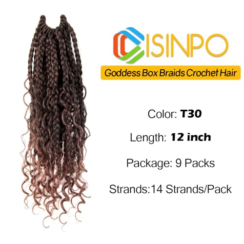 9 Packs Goddess Box Braids Crochet Hair 12 Inch Boho Box Braids with Curly Ends Synthetic Crochet Hair for Women, T30/Ombre Medium Dark Brown