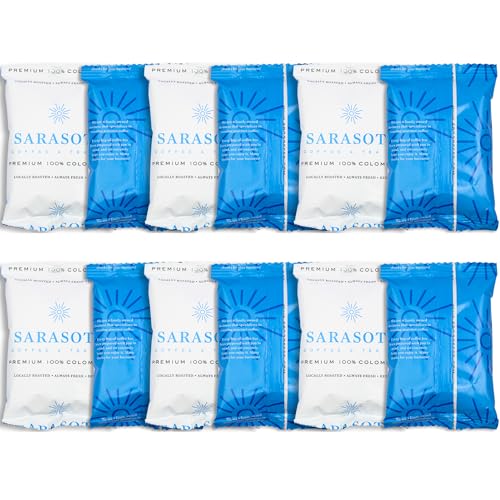 Sarasota Coffee Ground Packets | Gourmet Colombian Medium Roast Ground Coffee Packs | Columbian | Low Acid Mold Free Individual Single Pot Pouches for 12 Cup Coffee Maker | 2 Ounce Bags, 12 Count