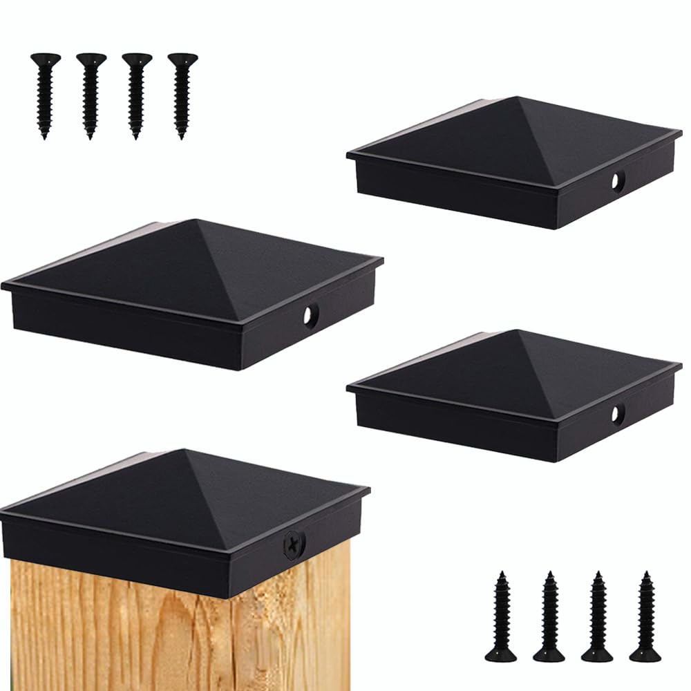 Azdele 4x4 Heavy Duty Aluminum Pyramid Post Caps Cover for 4x4 Nominal Wood Post(True 3.5" x 3.5"), with Matte Finish Powder Coated Surface, for Fence Wood Post of Decks or Corridors Black 4 Pack