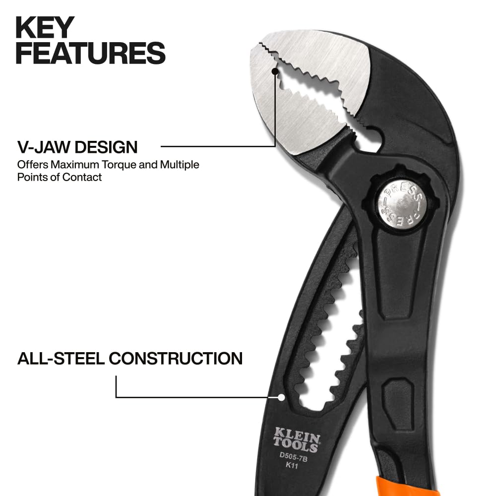 Klein Tools D5057B 7-Inch Adjustable Pliers, Quick-Adjust Klaw Pump Pliers, Compact Design with V-Jaw and Hardened Teeth for Maximum Torque
