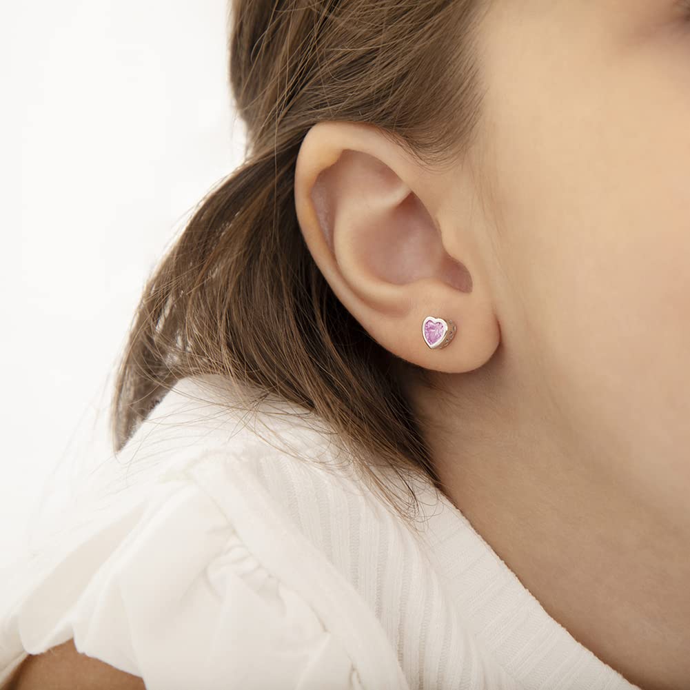 In Season Jewelry CZ Birthstone Heart Kids Earrings - 925 Sterling Silver Hypoallergenic for Girls with Secure Screw Backs - Safe & Comfortable for Toddlers & Kids - Pink