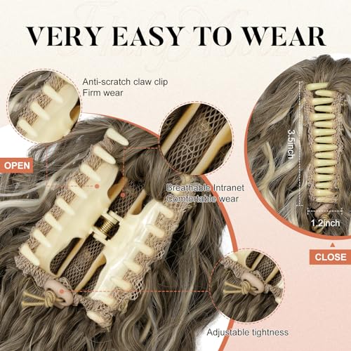 Flufymooz Ponytail Extension, 12" Short Claw Ponytail Extension Wavy Curly Jaw Clip in Pony tails Hair Extension Natural Synthetic Hairpiece for Women (Medium Brown Ash Blonde)