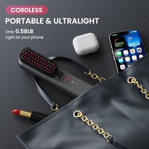 Cordless Hair Straightener Brush, Portable Mini Straightening Brush for Travel, Negative Ion Hot Comb Hair Straightener for Women, Rose Red