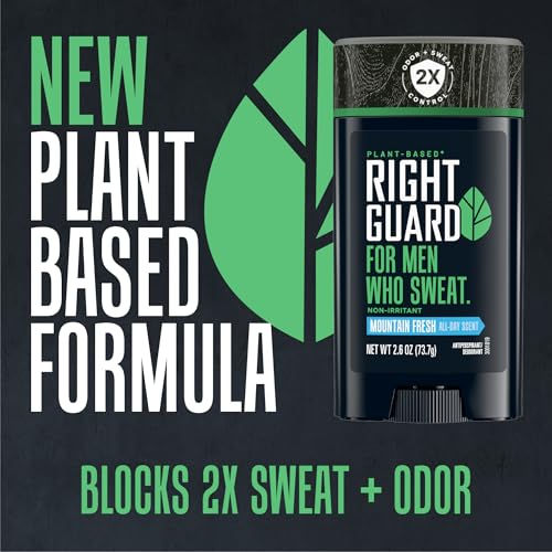 Right Guard Plant Based Invisible Solid Antiperspirant & Deodorant For Men with Sensitive Skin | Blocks Sweat 2X Longer | Made with Shea Butter & Marula Oil | Mountain Fresh Scent, 2.6 oz. (3 Pack)