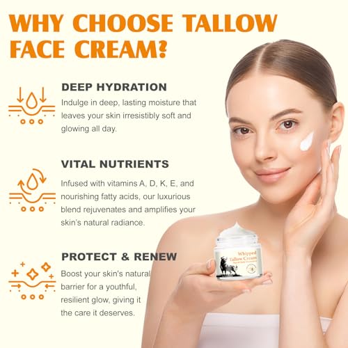 Beef Tallow for Skin, Beef Tallow, Organic Grass Fed Beef Tallow - Tallow and Honey Balm- Deeply Moisturizing, All-Natural Handmade Lotion Whipped Beef Tallow Face Moisturizer