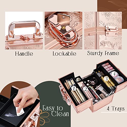 FRENESSA Makeup Train Case Cosmetic Box Portable Makeup Case Organizer 4 Trays Travel Case Storage with Dividers Lockable for Makeup Artist, Crafter, Makeup Tools Rose Gold Floral