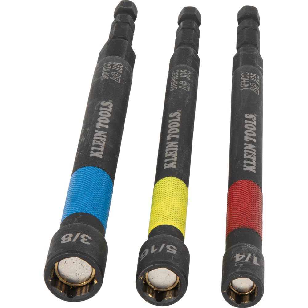 Klein Tools 65411PK3 Magnetic Color-Coded Power Nut Setter Set, 1/4-Inch Impact Hex Drive, 5-Inch Shaft, Extended Reach, 3-Piece