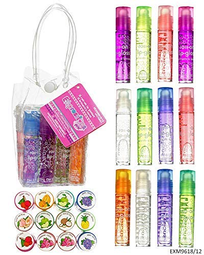 Expressions 12pc Roll On Lip Gloss Set with Carrying Case, Glossy Lip Make-up for Kids and Teens - Fruity Flavors, Non Toxic, Kid Friendly, Party Gift, Best Friends
