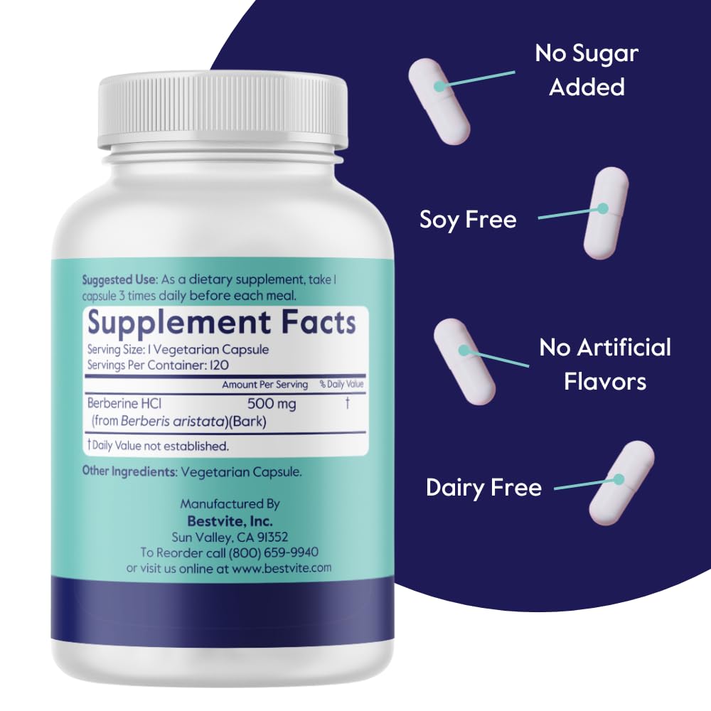 BESTVITE Berberine 500mg Per Capsule (120 Vegetarian Capsules) - No Fillers - No Stearates - No Flow Agents - Vegan - Gluten Free - Non GMO