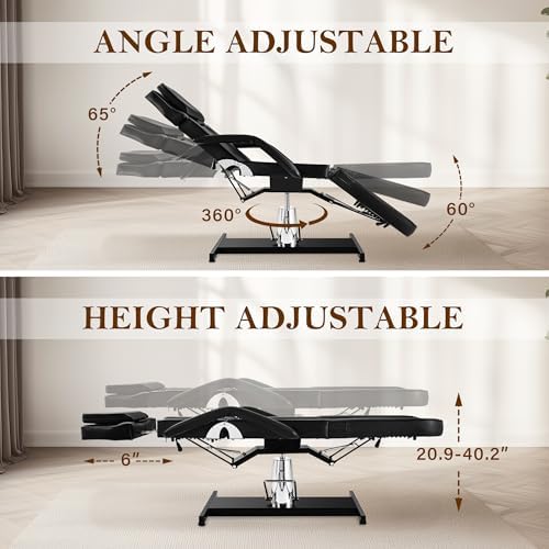 Facial Tattoo Chair, Hydraulic Esthetician Bed with Rolling Stool, Extended Head Spa Tattoo Artist Massage Table 360° Swivel Salon Beauty Spa Equipment w/Removable Armrests, Black
