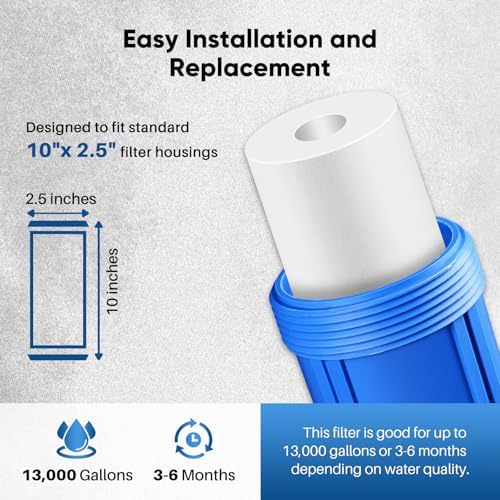 PUREPLUS 5 Micron 10" x 2.5" Whole House Sediment Home Water Filter Cartridge Replacement for Any 10 inch RO Unit, Culligan P5, Aqua-Pure AP110, Dupont WFPFC5002, CFS10, WHKF-G05, 4Pack