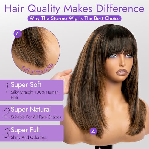 Bang Wigs Human Hair Glueless Straight Layered Bob Hairstyle 4x2 Transparent Lace Ombre Brown Highlights for Women 18 Inch