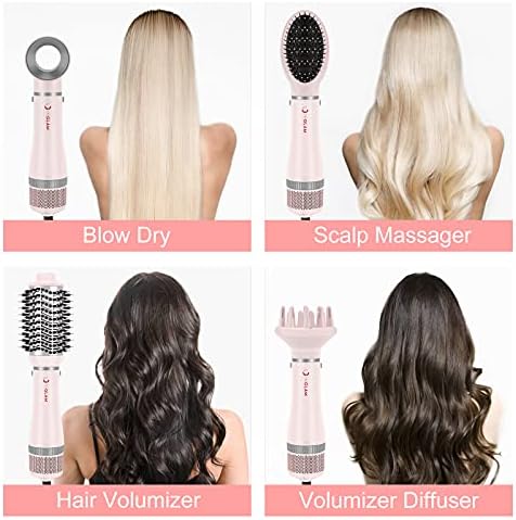 IG INGLAM 4 in 1 Blowout Hair Dryer Brush Set - Negative Ion Detachable Hair Dryer, Volumizer Styler with 2 Brush Heads, Pink