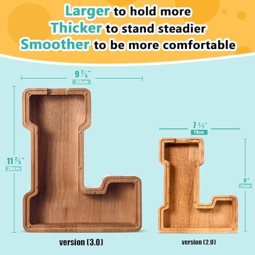 Summidate Large Wooden Piggy Bank for Kids Adults, Alphabets Letter A-Z Piggy Bank for Boys Girls, Coins Bills Change Bank Box Personalized Initial Name Kids Money Bank for Birthday Present and Decor